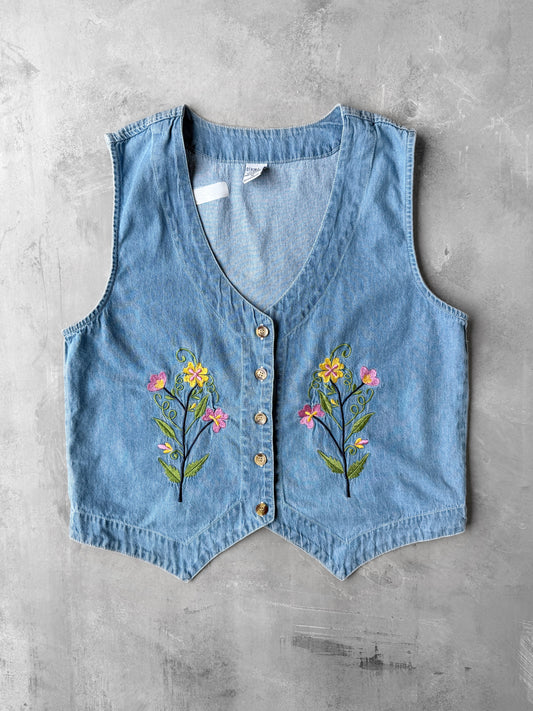Chambray Floral Embroidered Vest Y2K - Medium