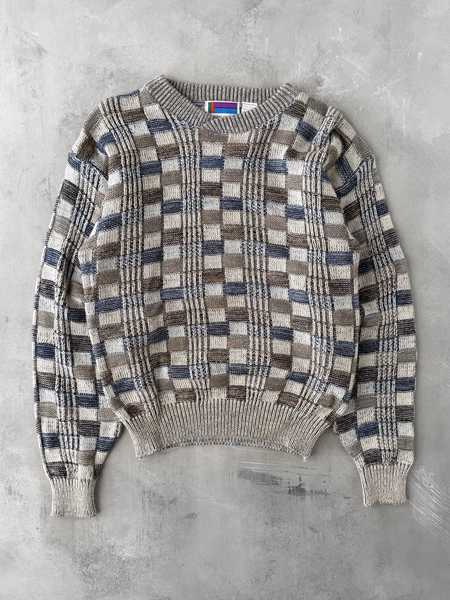 Checker and Woven Patterned Sweater 80's - Medium