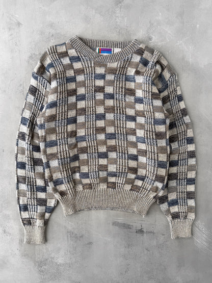 Checker and Woven Patterned Sweater 80's - Medium