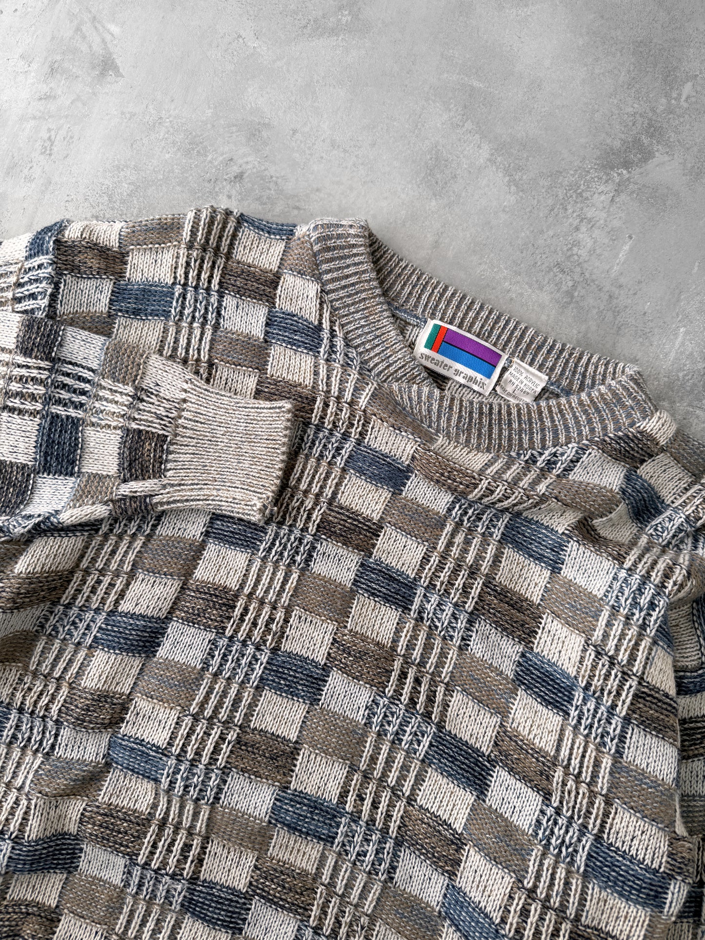 Checker and Woven Patterned Sweater 80's - Medium