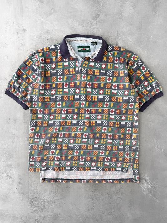 Nautical Flag Print Polo Shirt 90's - Medium