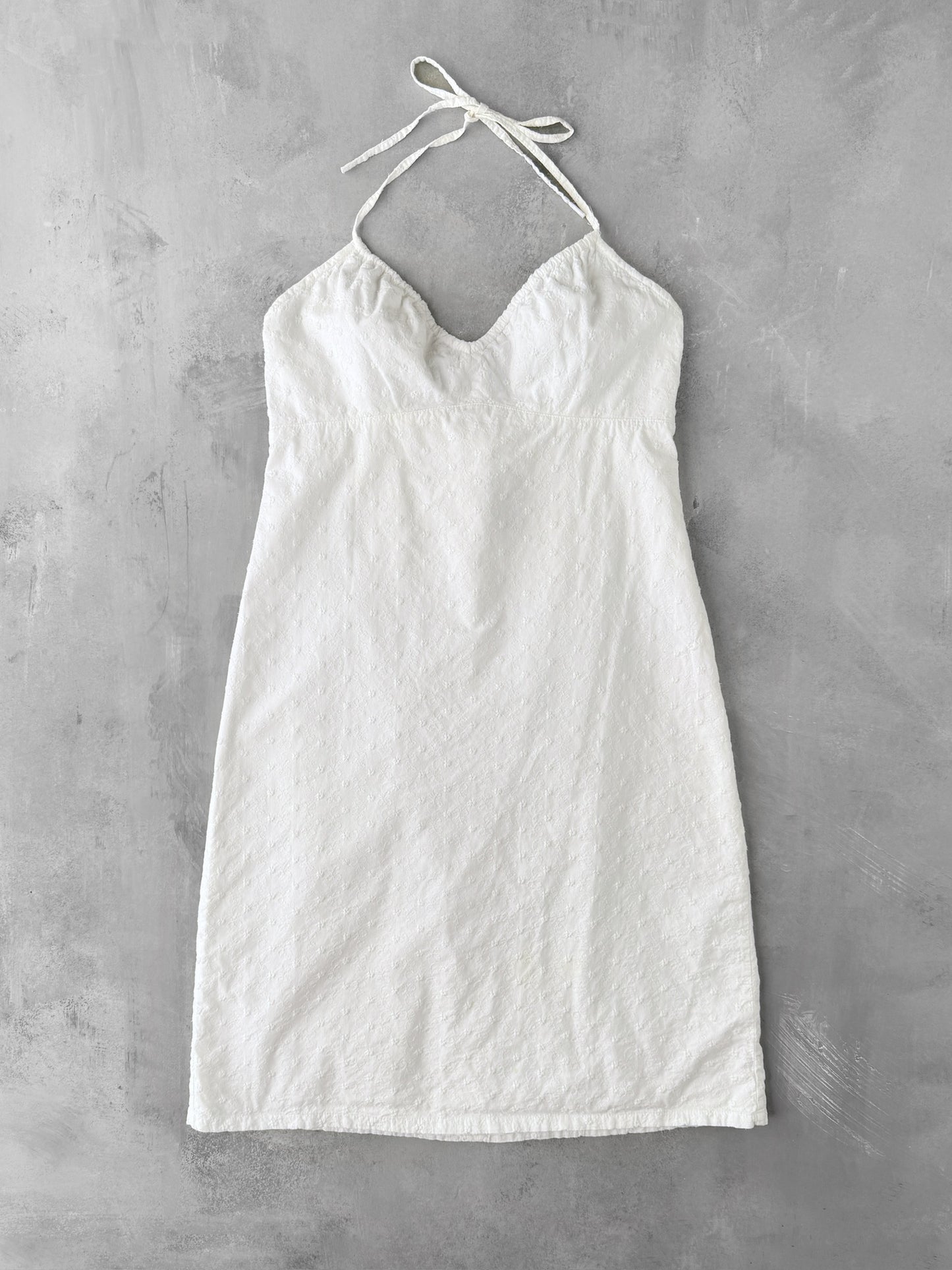 Embroidered White Halter Dress Y2K - Size 8
