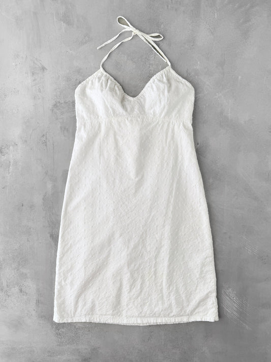 Embroidered White Halter Dress Y2K - Size 8