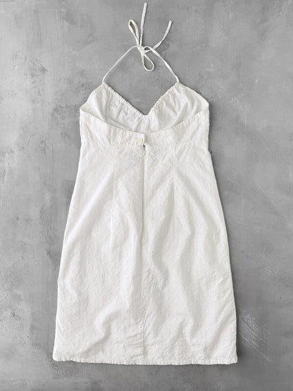 Embroidered White Halter Dress Y2K - Size 8