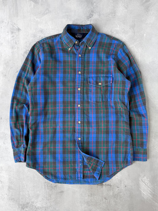 Cobalt Blue Plaid Flannel Shirt 80's -  Medium