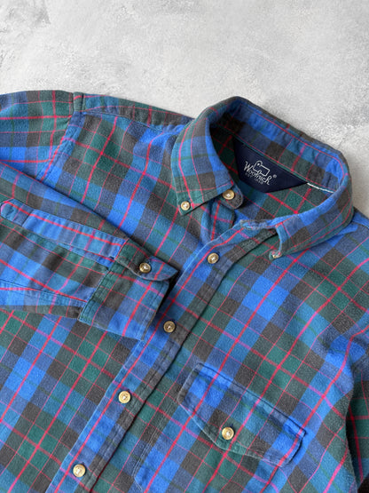 Cobalt Blue Plaid Flannel Shirt 80's -  Medium