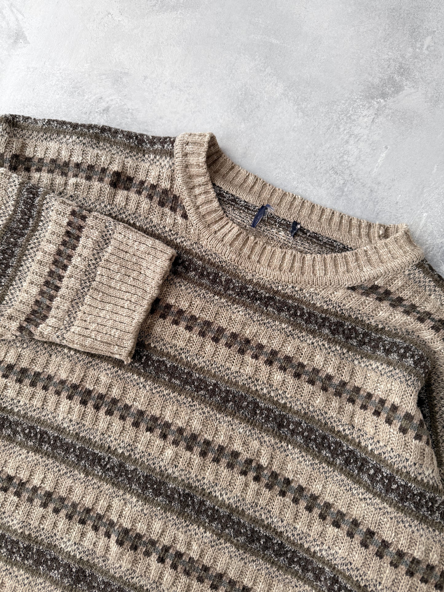 Neutral Tone Patterned Sweater Y2K - Medium