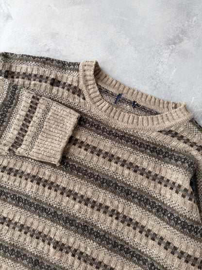 Neutral Tone Patterned Sweater Y2K - Medium