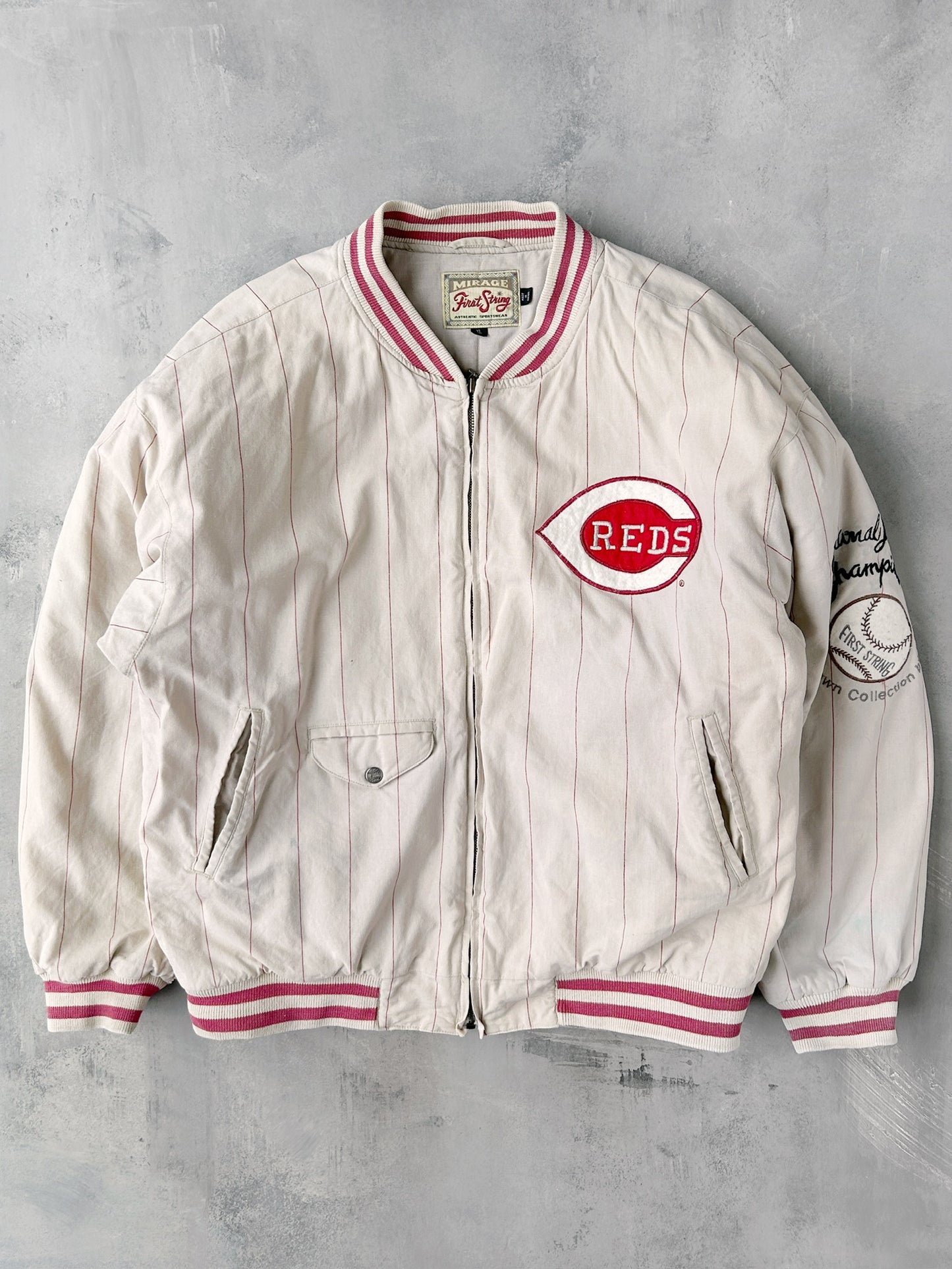 Cincinatti Reds Pinstriped Bomber Jacket Y2K - XL