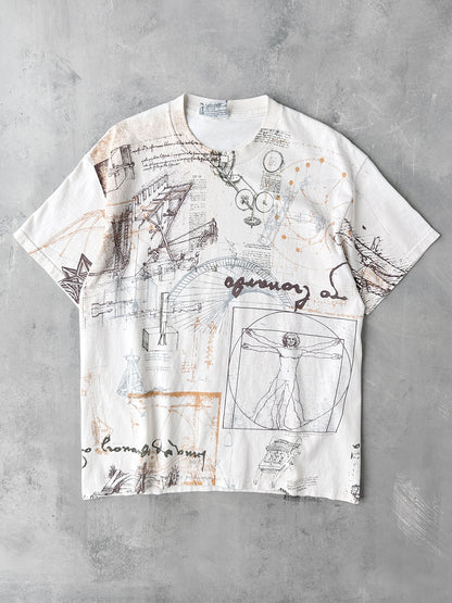 Leonardo Da Vinci Sketches AOP T-Shirt 90's - Large