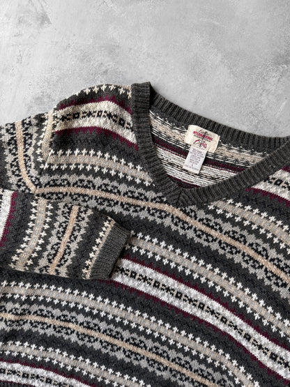 V-Neck Patterned Sweater Y2K - Large