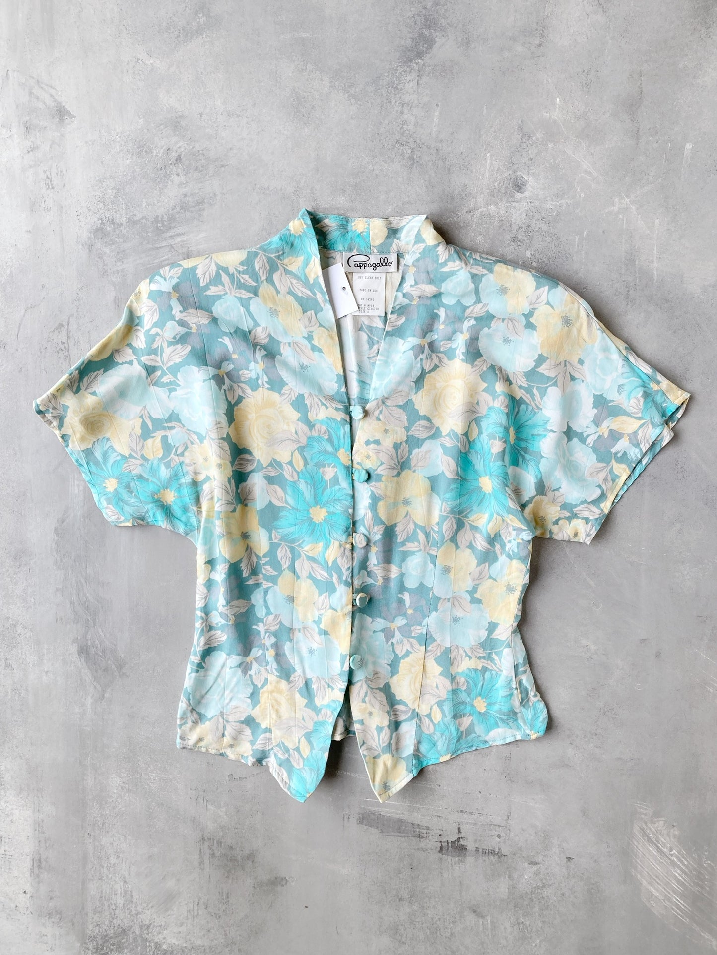 Structured Blue & Yellow Floral Blouse 80's - Small